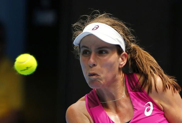 Britain&#8217;s Konta watches the ball during her first round match against Williams of the U.S. at the Australian Open tennis tournament at Melbourne Park, Australia