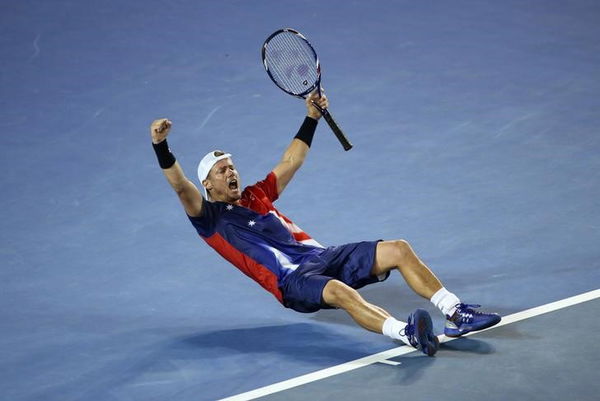 Australia&#8217;s Hewitt celebrates after winning his first round match against compatriot Duckworth at the Australian Open tennis tournament at Melbourne Park, Australia