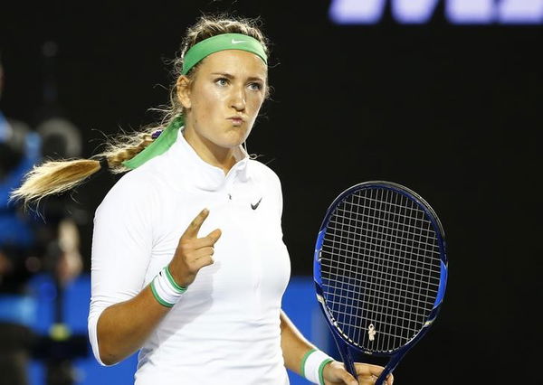 Belarus&#8217; Azarenka celebrates after winning her first round match against Belgium&#8217;s Van Uytvanck at the Australian Open tennis tournament at Melbourne Park, Australia