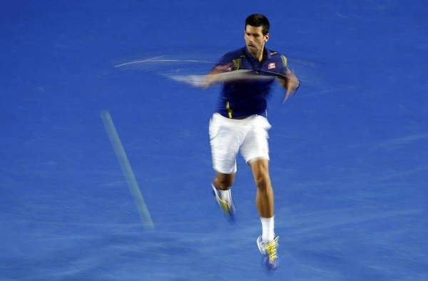 Serbia&#8217;s Djokovic hits a shot during his second round match against France&#8217;s Halys at the Australian Open tennis tournament at Melbourne Park