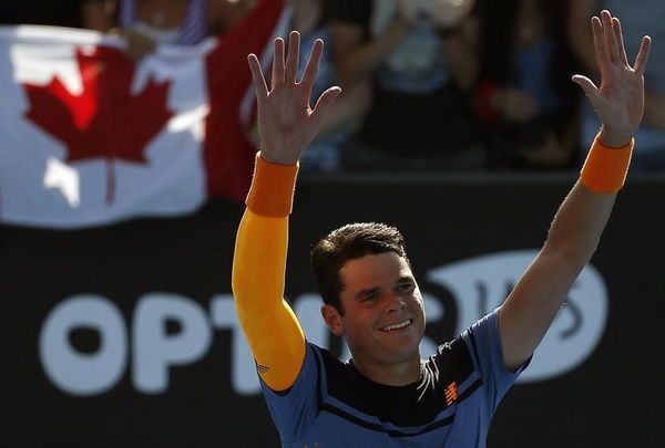 Canada&#8217;s Raonic celebrates after winning his second round match against Spain&#8217;s Robredo at the Australian Open tennis tournament at Melbourne Park