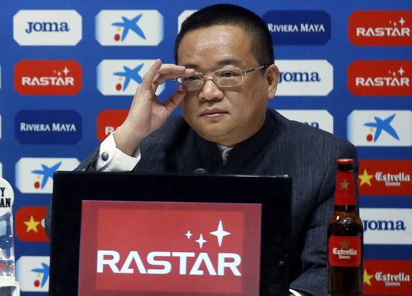 Rastar Group Chief Executive, Chen Yansheng gestures during a news conference after becoming the main shareholder and new president of RCD Espanyol soccer club