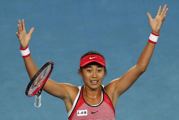 China&#8217;s Zhang celebrates after winning her third round match against Lepchenko of the U.S. at the Australian Open tennis tournament at Melbourne Park