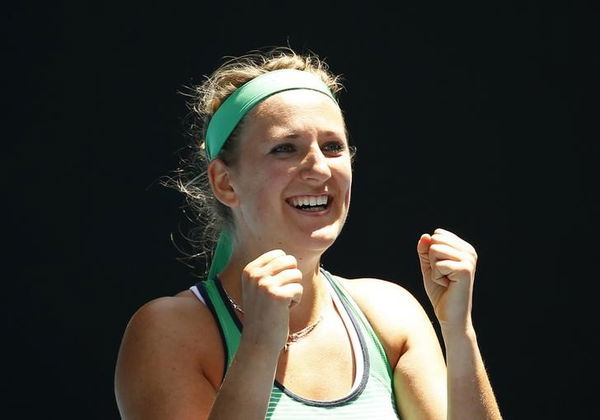 Belarus&#8217; Azarenka celebrates after winning her fourth round match against Czech Republic&#8217;s Strycova at the Australian Open tennis tournament at Melbourne Park