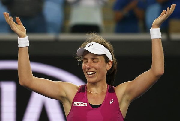 Britain&#8217;s Konta celebrates after winning her fourth round match against Russia&#8217;s Makarova at the Australian Open tennis tournament at Melbourne Park