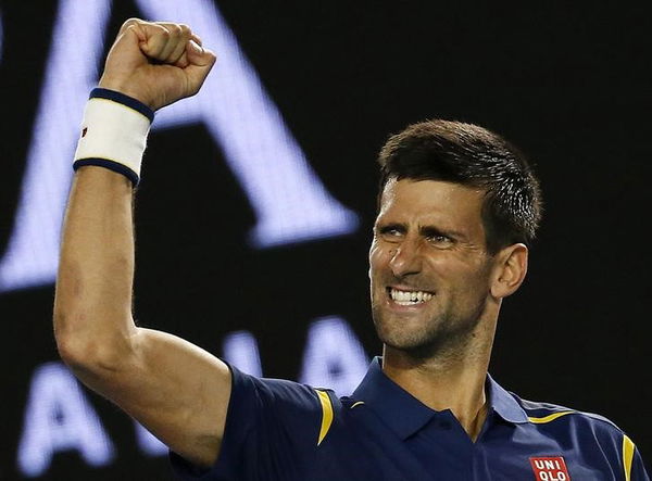 Serbia&#8217;s Djokovic celebrates after winning his quarter-final match against Japan&#8217;s Nishikori at the Australian Open tennis tournament at Melbourne Park