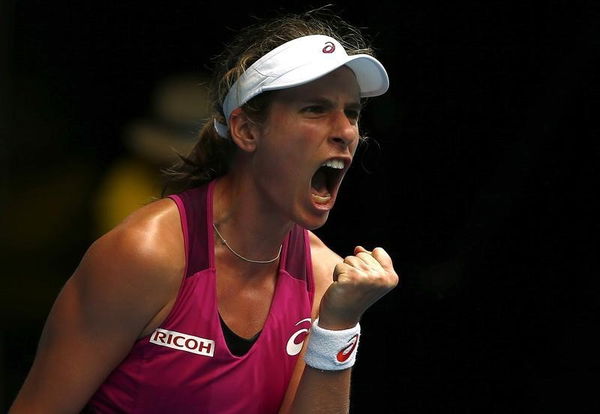 Britain&#8217;s Konta celebrates winning the first set during her quarter-final match against China&#8217;s Zhang at the Australian Open tennis tournament at Melbourne Park