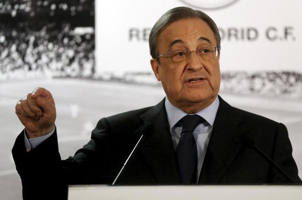 Real Madrid&#8217;s President Perez gestures during a news conference at Santiago Bernabeu stadium in Madrid