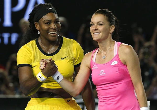 Williams of the U.S. and Poland&#8217;s Radwanska shake hands after Williams won their semi-final match at the Australian Open tennis tournament at Melbourne Park