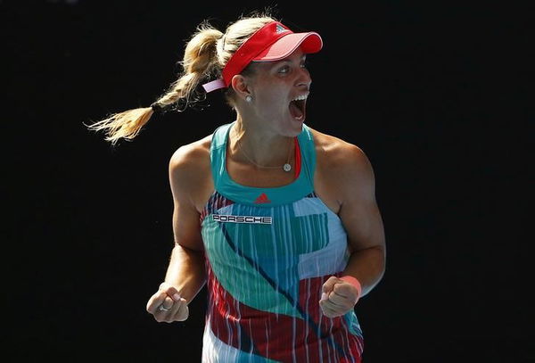 Germany&#8217;s Kerber celebrates after winning her semi-final match against Britain&#8217;s Konta at the Australian Open tennis tournament at Melbourne Park