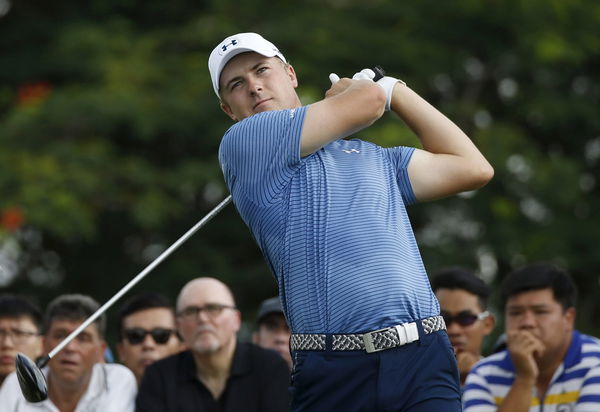 Jordan Spieth of the U.S. tees off on the ninth hole during the first round of the SMBC Singapore Open golf tournament at Sentosa&#8217;s Serapong golf course in Singapore