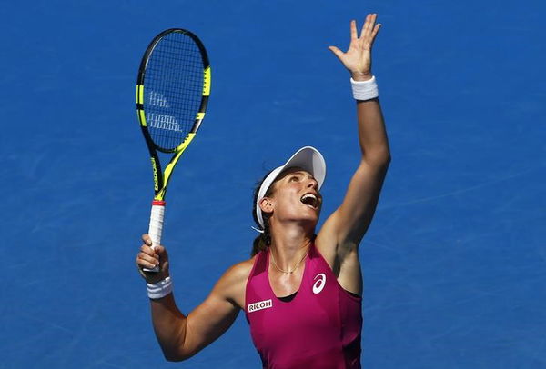 Britain&#8217;s Konta serves during her semi-final match against Germany&#8217;s Kerber at the Australian Open tennis tournament at Melbourne Park