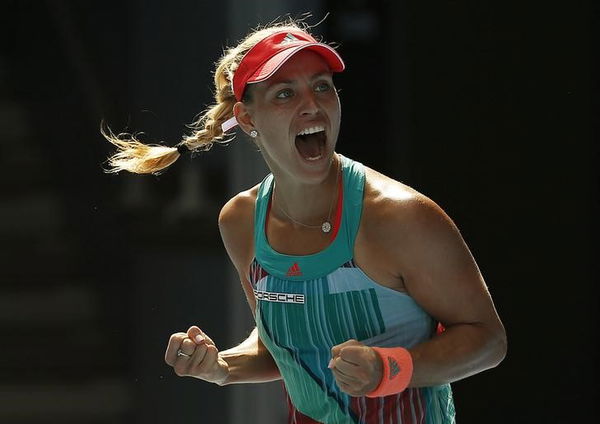 Germany&#8217;s Kerber celebrates after winning her semi-final match against Britain&#8217;s Konta at the Australian Open tennis tournament at Melbourne Park