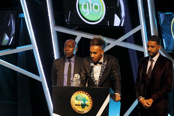 Gabonese Pierre-Emerick Aubameyang speaks after winning the Confederation of African Football (CAF) award for African footballer of the year, in Abuja