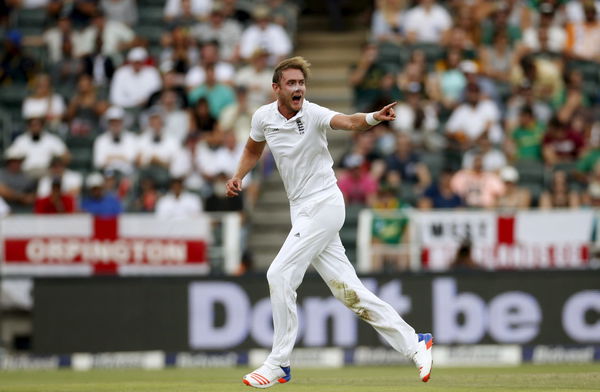 England&#8217;s Stuart Broad gestures as he celebrates the dismissal of South Africa&#8217;s captain AB de Villiers during the third cricket test match in Johannesburg,