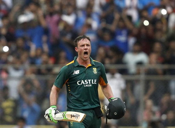 South Africa&#8217;s captain de Villiers celebrates scoring his century during their fifth and final one-day international cricket match against India in Mumbai