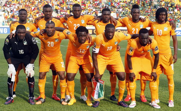 Ivory Coast national soccer team players players pose for a photograph before the start of their Group D soccer match against Guinea of the 2015 African Cup of Nations in Malabo