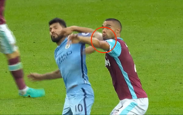 SERGIO AGUERO ELBOWS WINSTON REID-MAN CIY V WEST HAMS GRABS