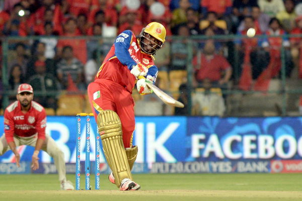 Bengaluru: Royal Challengers Bangalore batsman Chris Gayle in action during an IPL-2015 match between Royal Challengers Bangalore and Kings XI Punjab at M. Chinnaswamy Stadium in Bengaluru on May 6, 2015. (Photo: IANS)