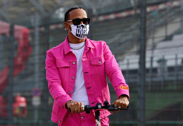 Formula One, F1- Lewis Hamilton wearing &#8220;Black Lives Matter&#8221; mask scoots in the track