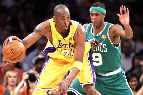 Lakers&#8217; Bryant is guarded by Celtics&#8217; Rondo during Game 6 of the 2010 NBA Finals basketball series in Los Angeles