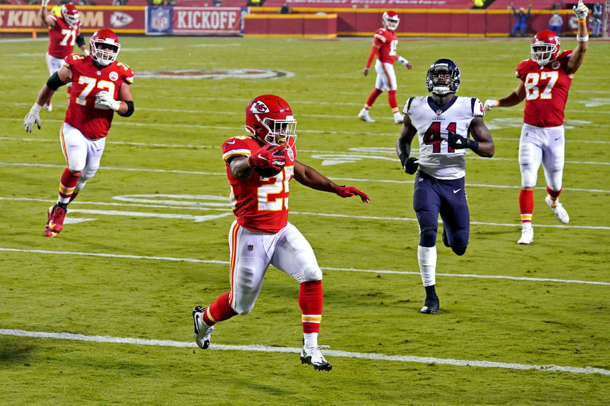 Kansas City Chiefs running back Clyde Edwards-Helaire celebrates against Houston Texans in Week One.