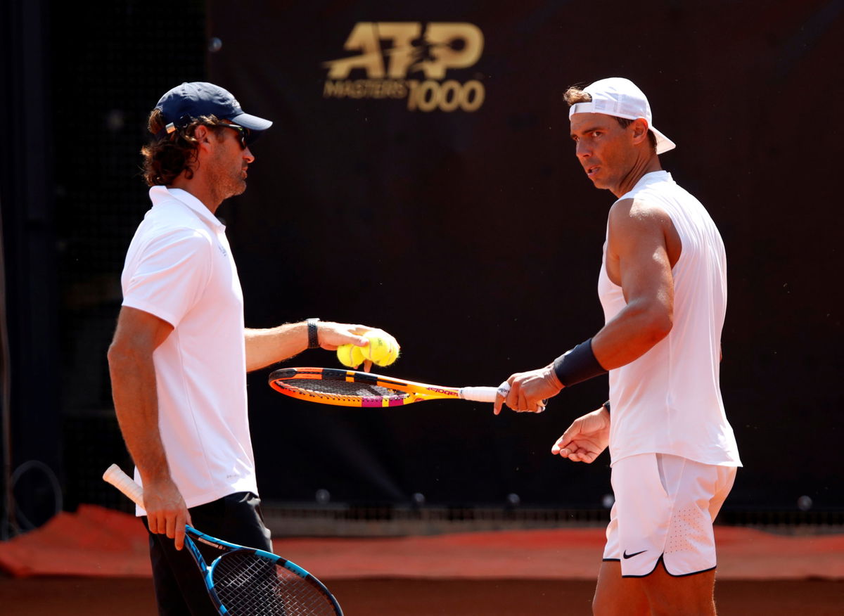 Rafael Nadal practices with coach Carlos Moya ahead of the ATP Masters 1000 Italian Open