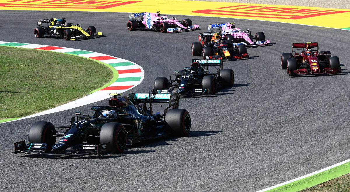 Mercedes driver Valtteri Bottas leads the Tuscan Grand Prix until the first red flag