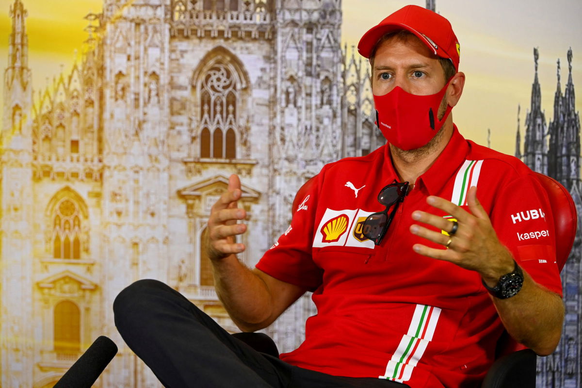 Ferrari driver Sebastian Vettel seems rather concerned at the press conference for the Italian Grand Prix