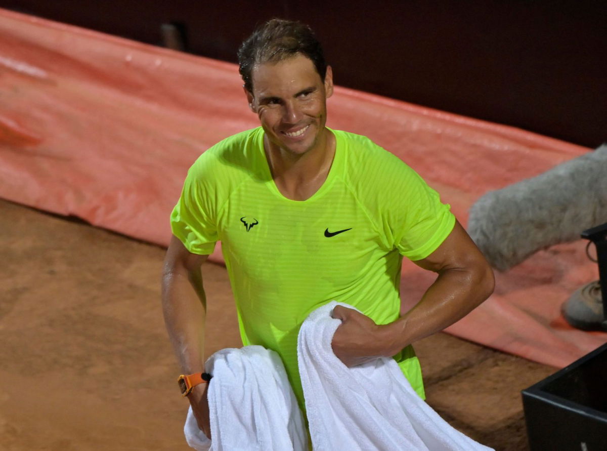 Rafael Nadal shares a light moment during his second round game against Pablo Carreno Busta at the 2020 Italian Open