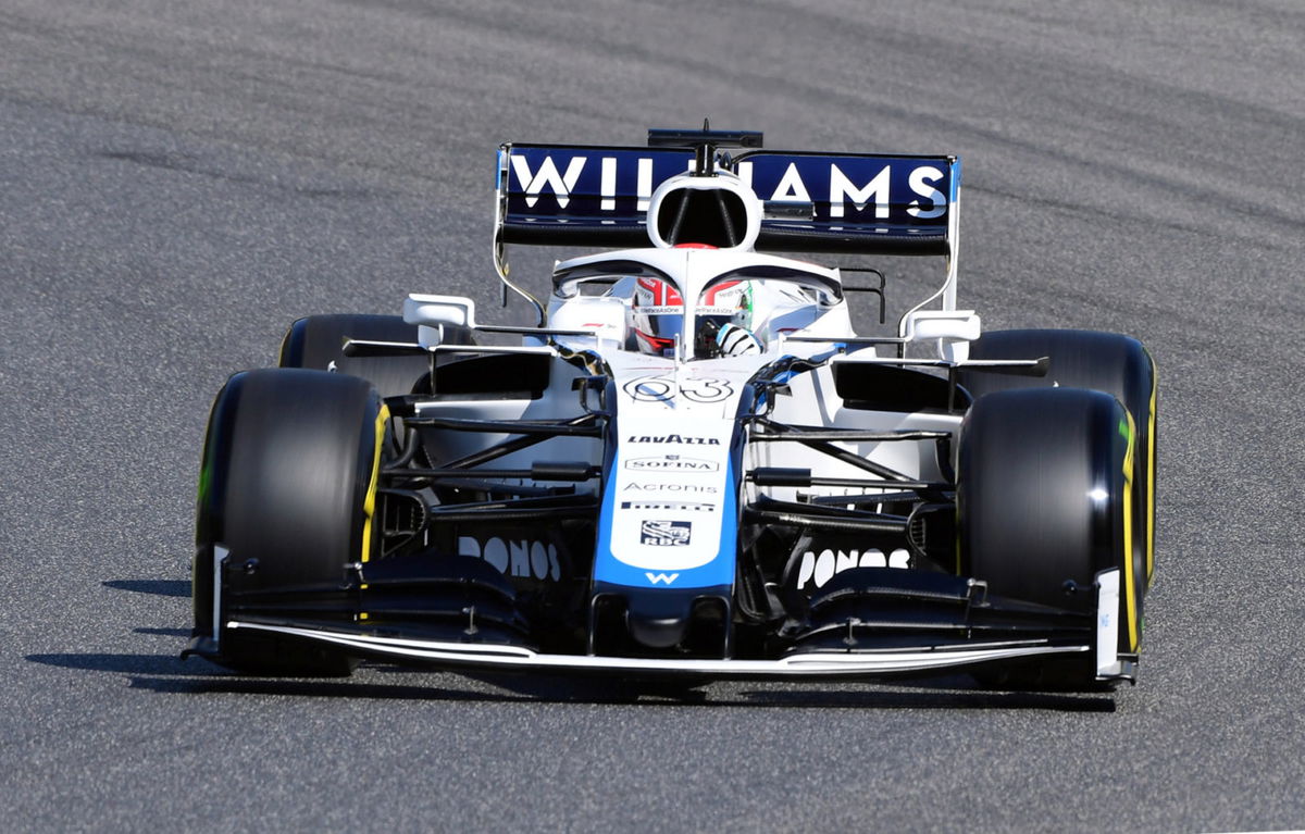 Williams driver George Russell in acytion during practice at Mugello