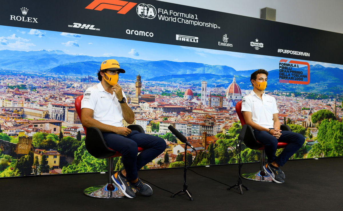 Lando Norris and Carlos Sainz of McLaren during a press conference