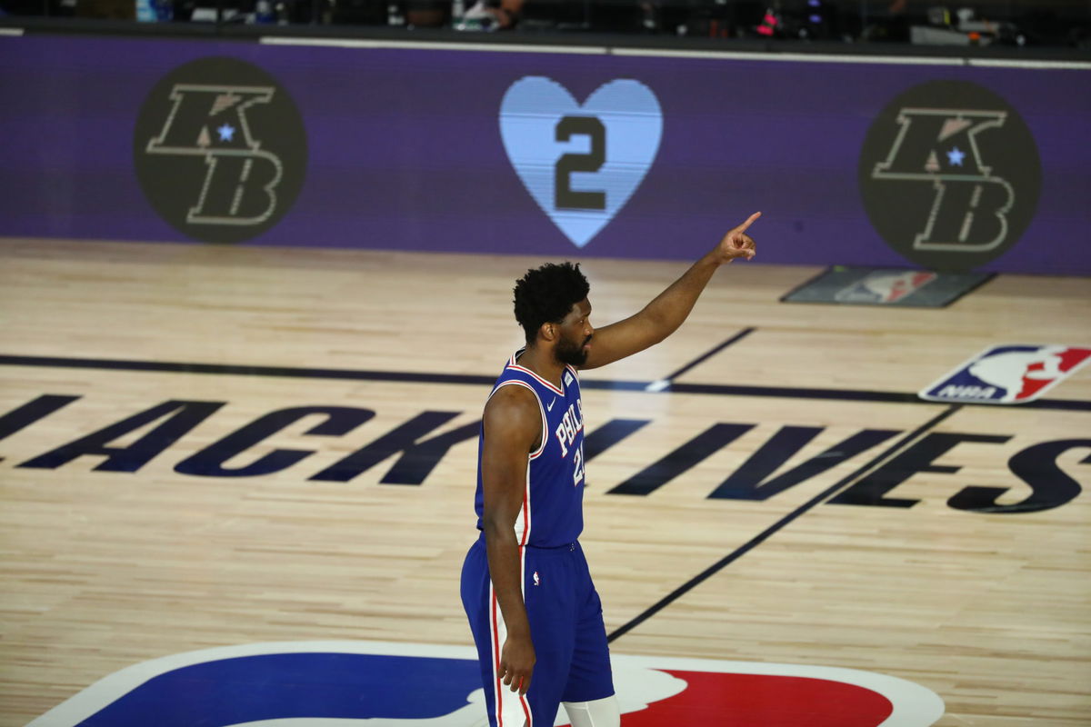 Philadelphia 76ers star Joel Embiid celebrating in 2020 NBA playoffs