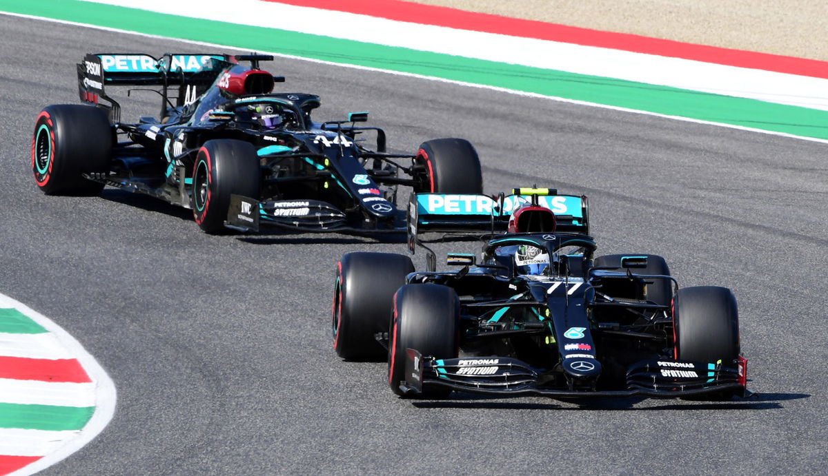 Mercede teammates Lewis Hamilton and Valtteri Bottas duel it out at the front of the grid