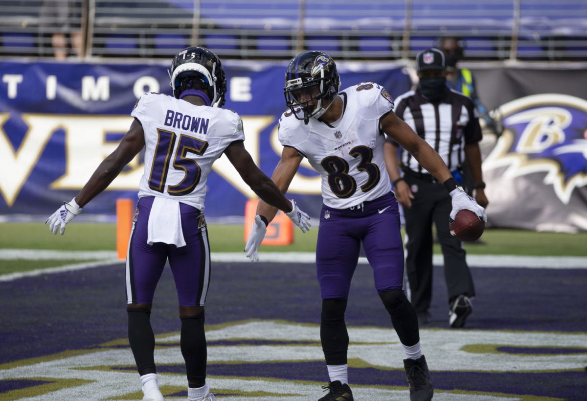 altimore Ravens wide receiver Willie Snead IV (83) celebrates a touchdown with teammate Marquise Brown against Cleveland Browns.