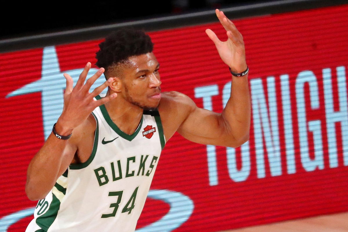 Milwaukee Bucks forward Giannis Antetokounmpo reacts during Game 4 against the Miami Heat in the 2020 NBA Playoffs