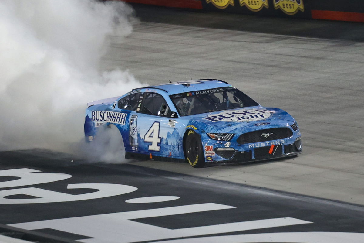Kevin Harvick celebrates his win in the NASCAR Cup Series race at Bristol