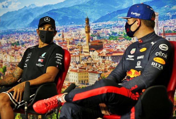 Lewis Hamilton and Max Verstappen at a presser