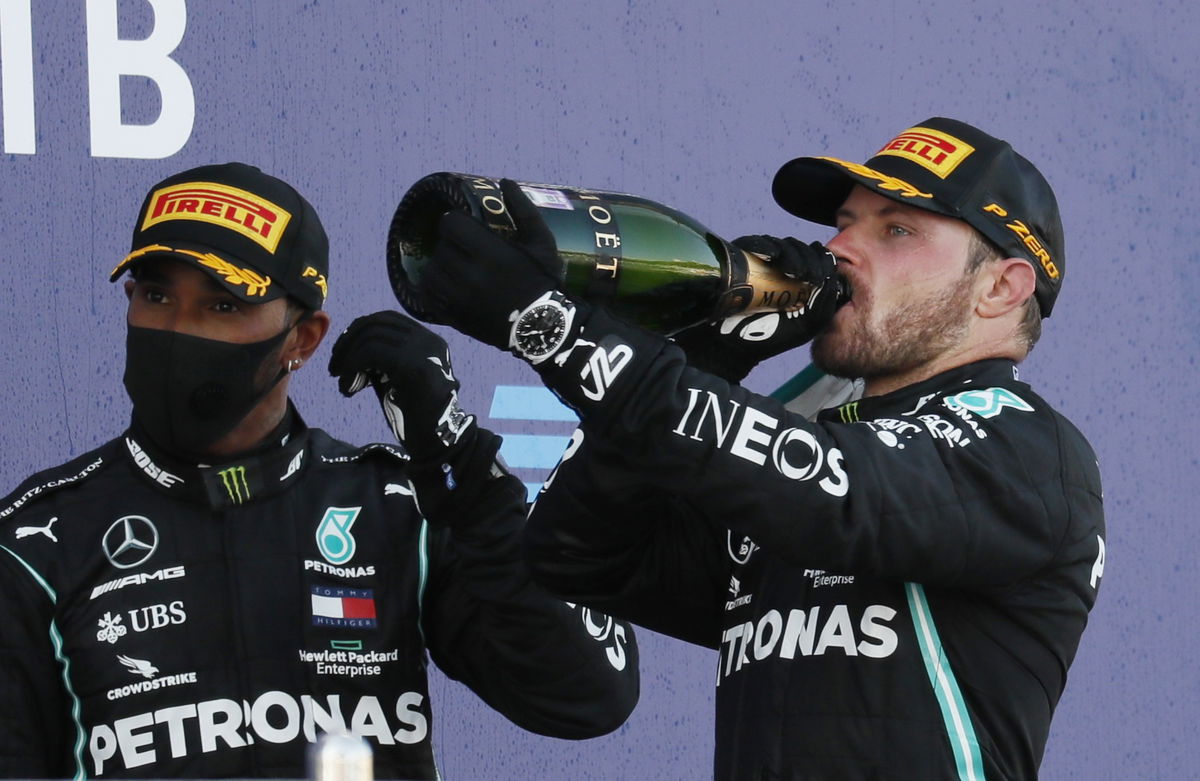 Valtteri Bottas celebrates after his win in Russia