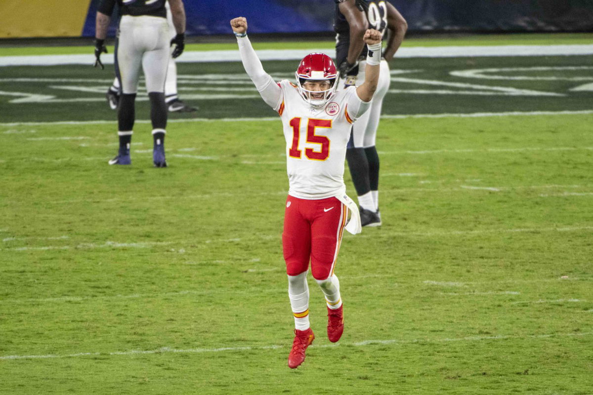 Kansas City Chiefs quarterback Patrick Mahomes celebrates after completing a touchdown against Baltimore Ravens in Week Three.