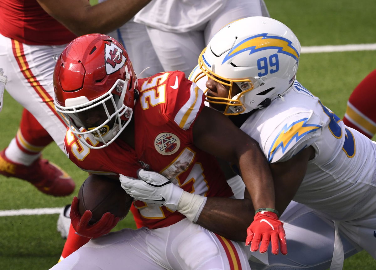Kansas City Chiefs running back Clyde Edwards-Helaire makes a play against Los Angeles Chargers in Week Two.