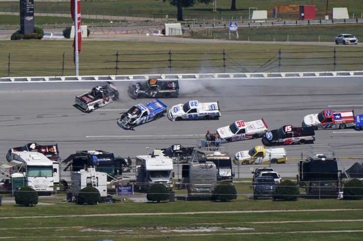 Drivers crash during the NASCAR Truck Series