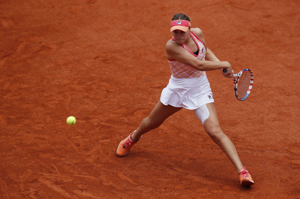 Sofia Kenin plays a shot during the French Open 2020 final