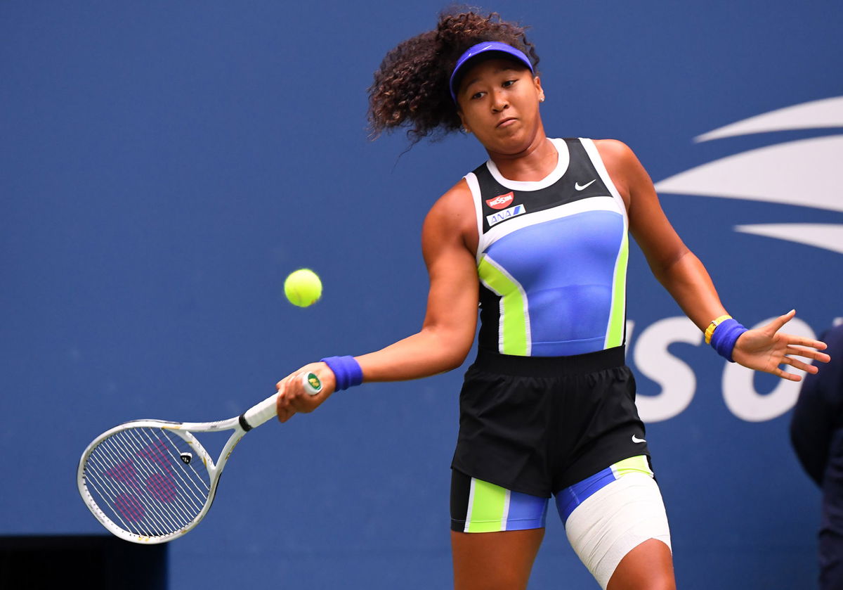 Naomi Osaka in action in US Open 2020 with a bandaged hamstring