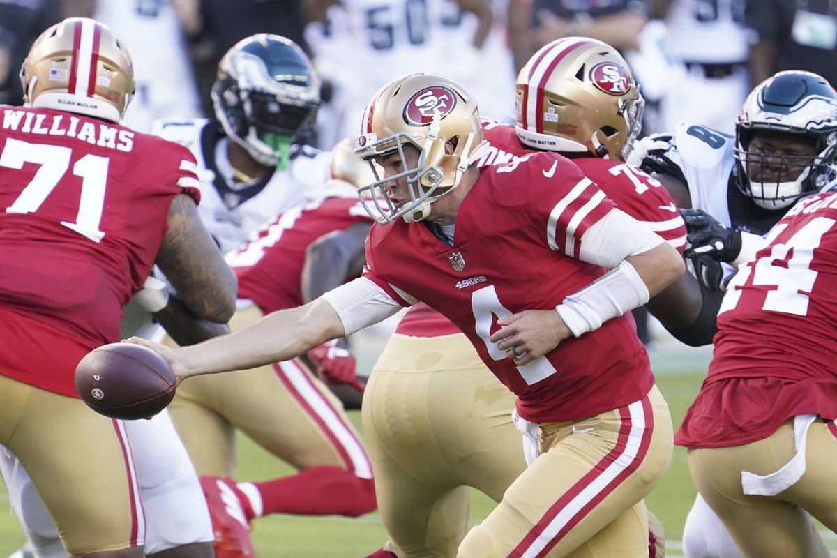 San Francisco 49ers quarterback Nick Mullens attempt to make a play against Philadelphia Eagles in Week Four.