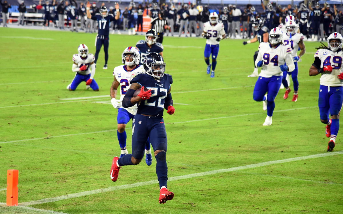 Tennessee Titans running back Derrick Henry scores a rushing touchdown against Buffalo Bills in Week Five.