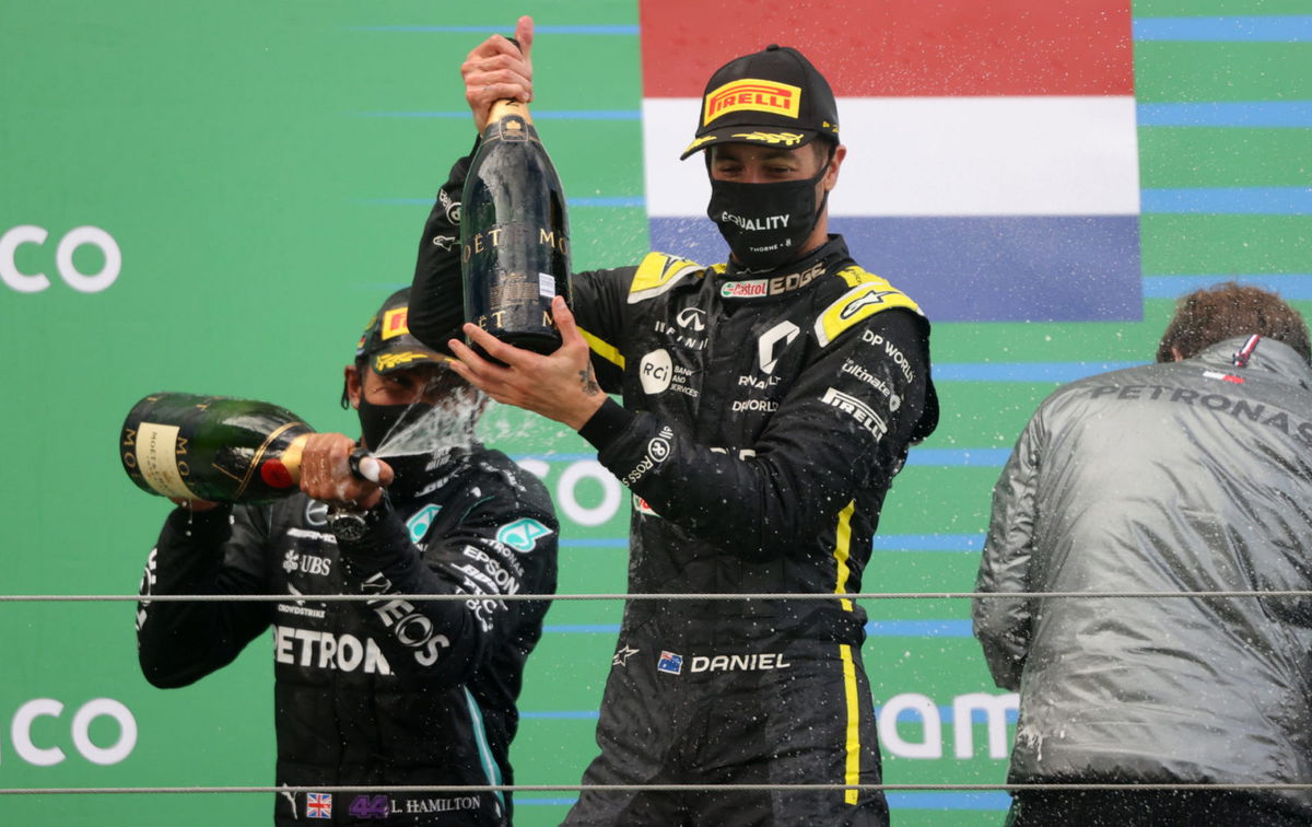 Daniel Ricciardo celebrates on the Eifel GP podium