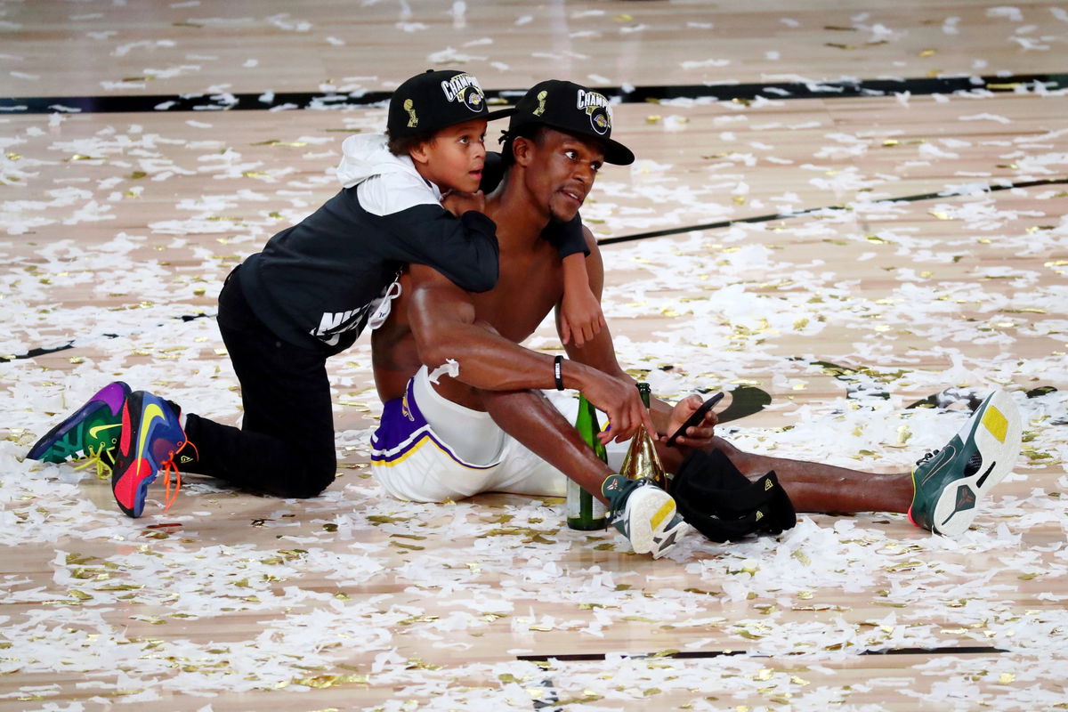 Lakers' guard Rajon Rondo celebrating in 2020 NBA Finals