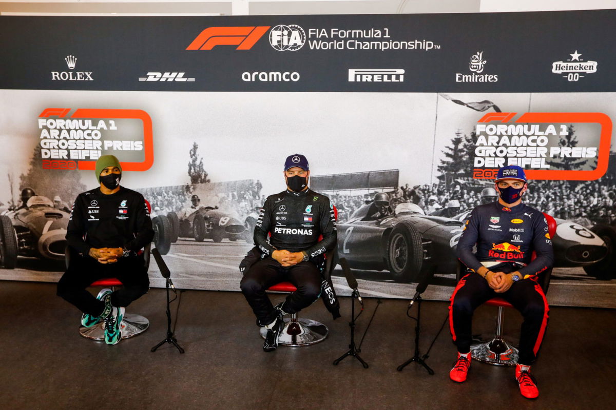 Max Verstappen, Valtteri Bottas and Lewis Hamilton during Eifel GP Press Conference