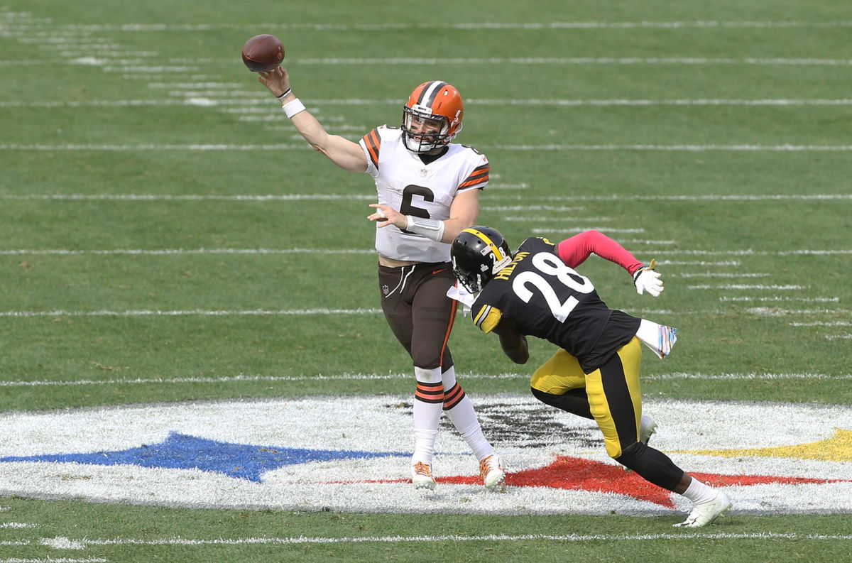 Cleveland Browns quarterback Baker Mayfield attempts to make a throw against Pittsburgh Steelers in Week Six.